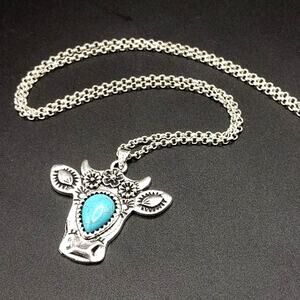 925 Silver Necklace w/ Turquoise Flower Cow Pendant Women Vintage Boho Gift